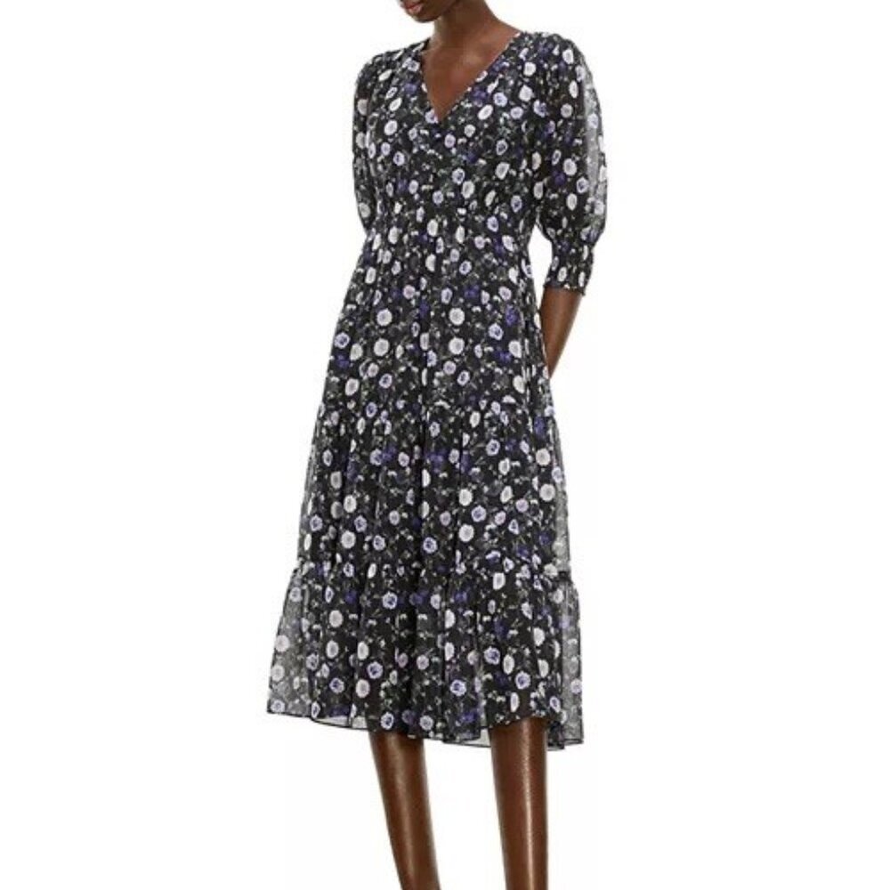The Kooples Womens Size XS Black Floral Print Empire Midi Silk Dress $425 NWT